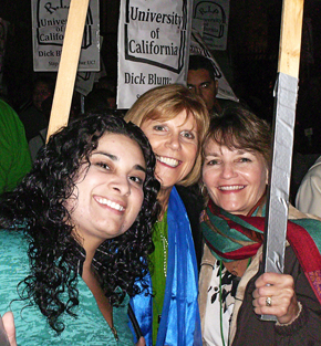 UNAC/UHCP staff members Vanessa Caballero, Donna Smith and Joy Harvey join in a vigil in support of University of California employees seeking better working conditions. UNAC Staff Exchange 2009